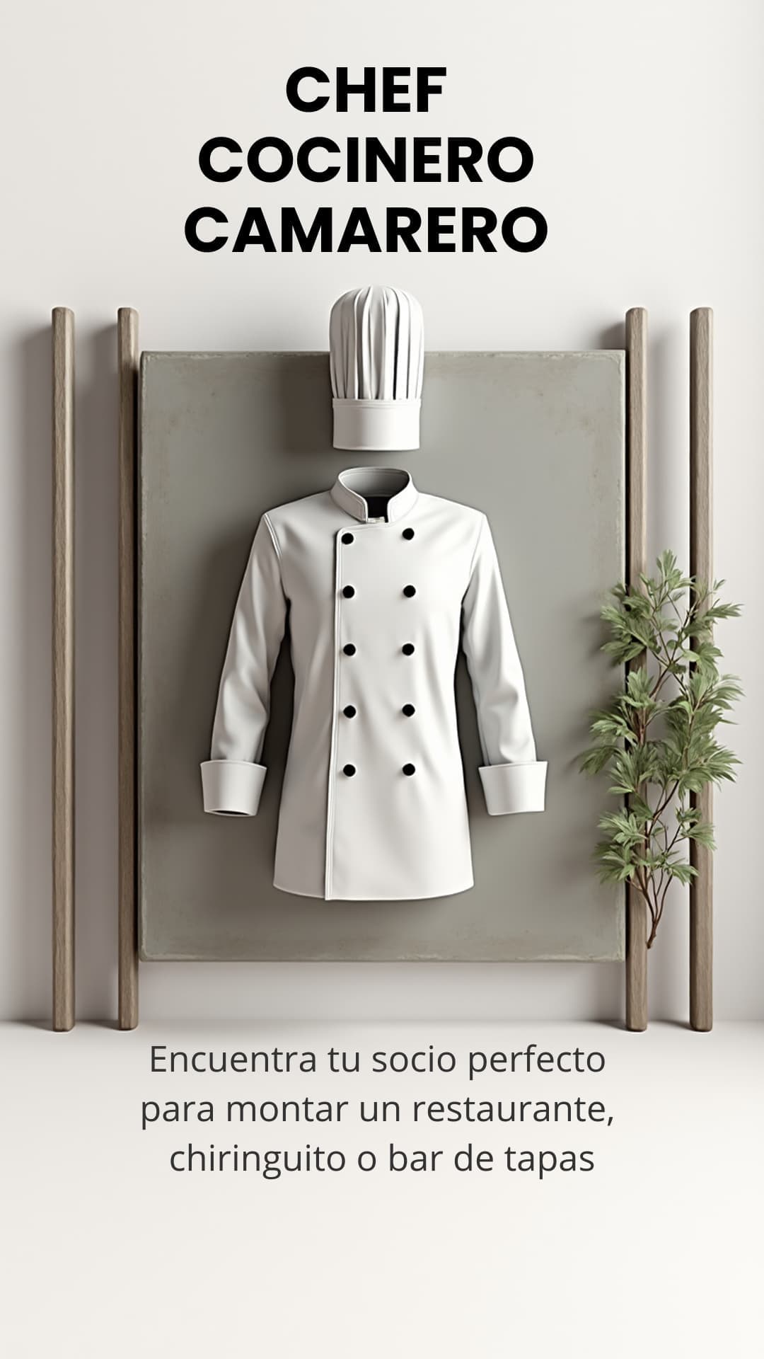 Ilustración: chaquetilla y gorro de cocinero colgados sobre una tabla